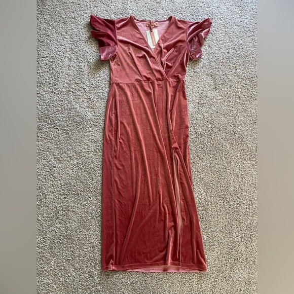 Jessakae | Everly Pink Velvet Flutter Sleeve Maxi Dress Gown Bridesmaid Formal - Picture 2 of 9